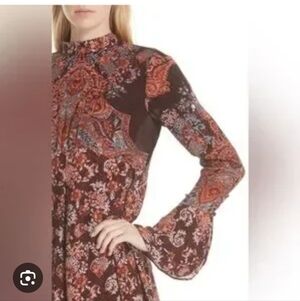 Free People Brown Paisley High-Neck Long Sleeve Dress Size S